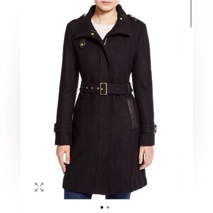 Cole Haan Black Wool Blend Belted Coat Genuine Leather Trim Size 4